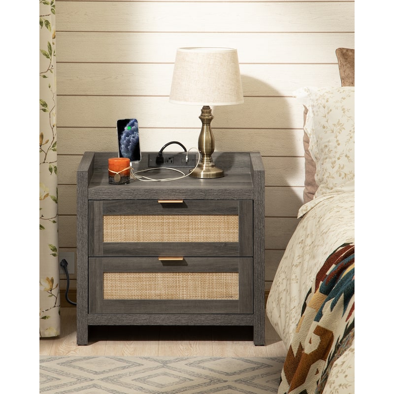 SICOTAS Farmhouse Set of 2 Nightstand with Charging Station and Drawers