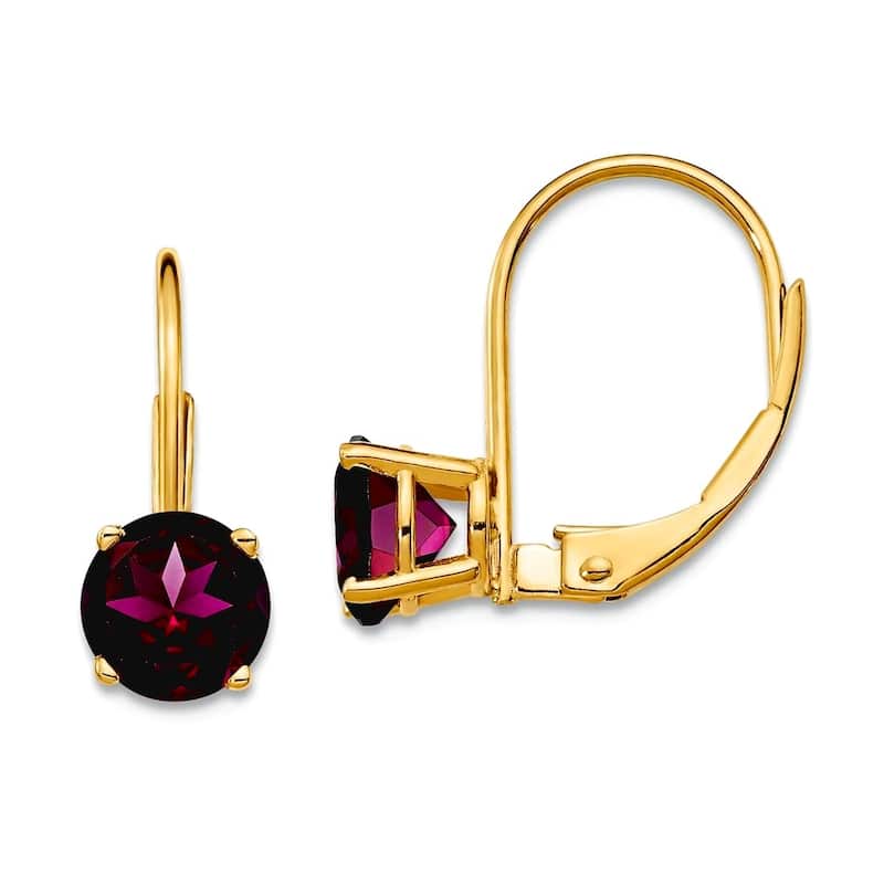 Curata 14k Yellow Gold 6mm Round Genuine Gemstone Leverback Earrings - 17x6mm - Rhodolite Garnet