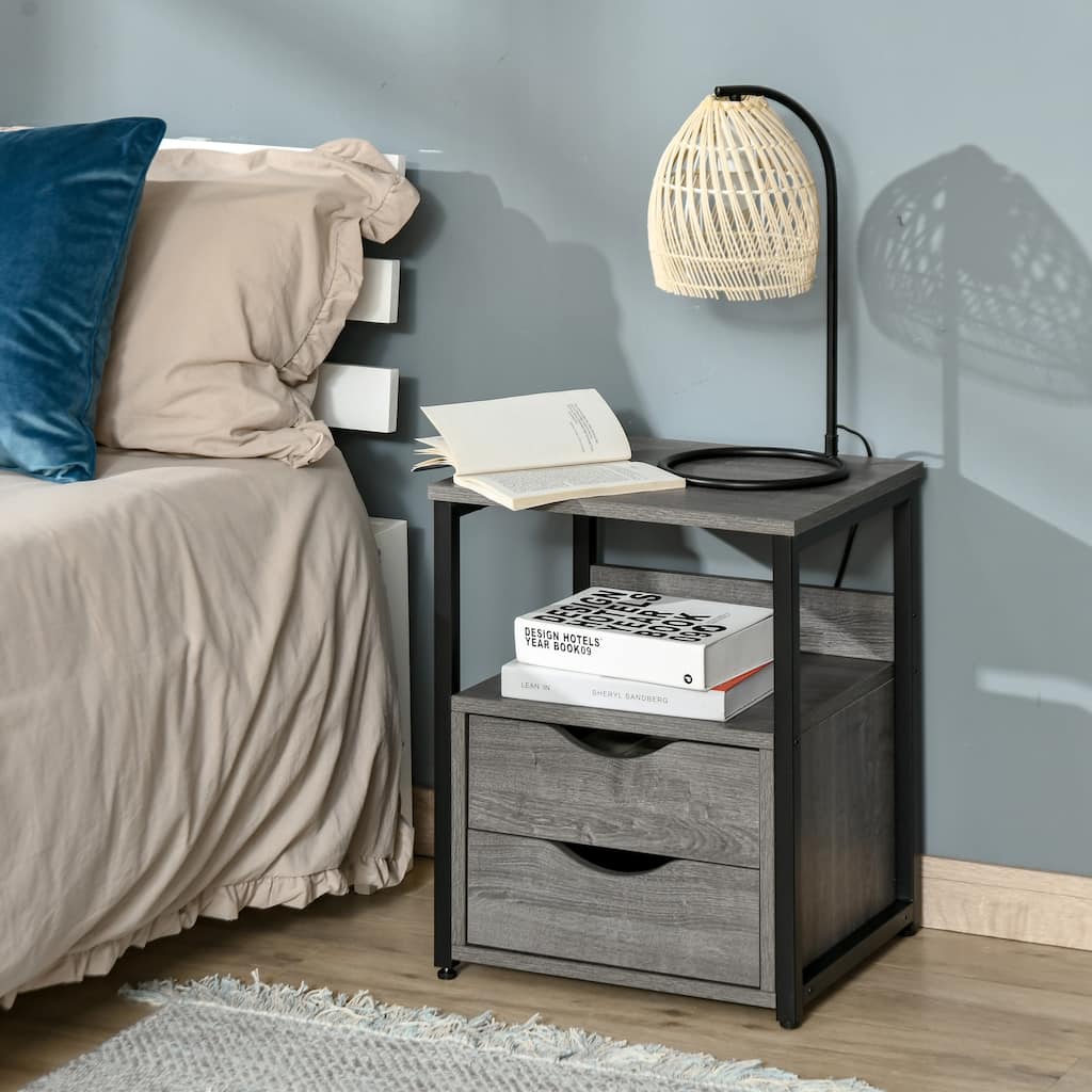 HOMCOM Industrial Side Table, Night Stand with 2 Storage Drawers Accent Piece for Living Room, Bedroom