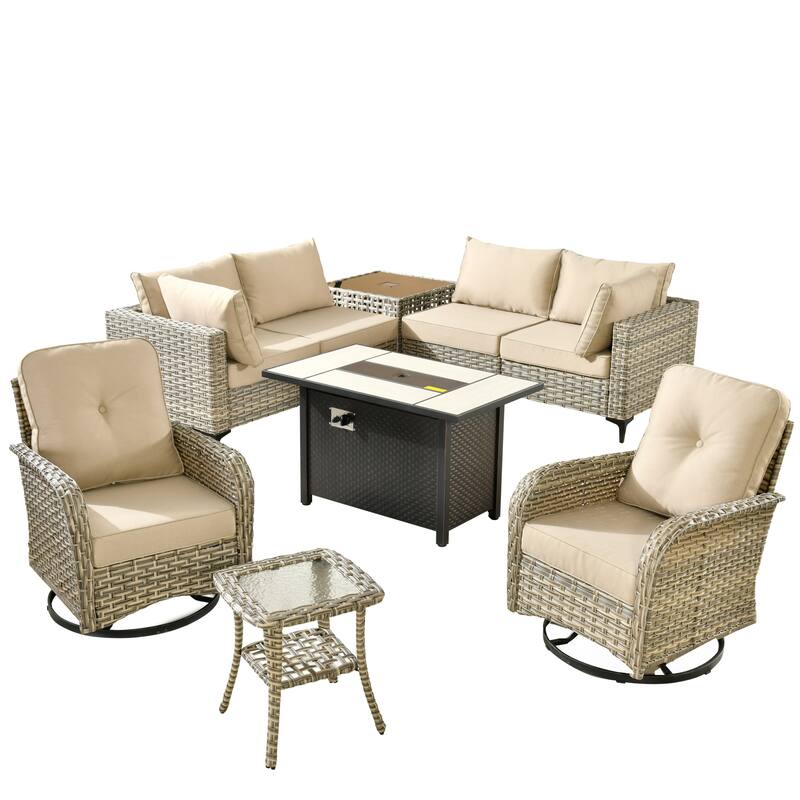 XIZZI 9-piece Patio Furniture Outdoor Wicker Chair Set with Fire Table