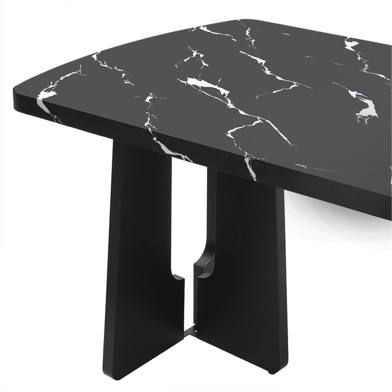 63" Kitchen Table for 4-6 People, Rectangular Dining Table with Faux Marble Tabletop and Geometric Legs