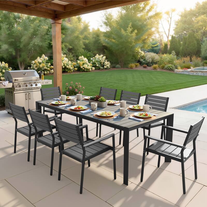 7/9/11-Piece Patio Dining Set Outdoor Aluminum Rectangle Dining Table and Stackable Chairs - Grey - Set of 9
