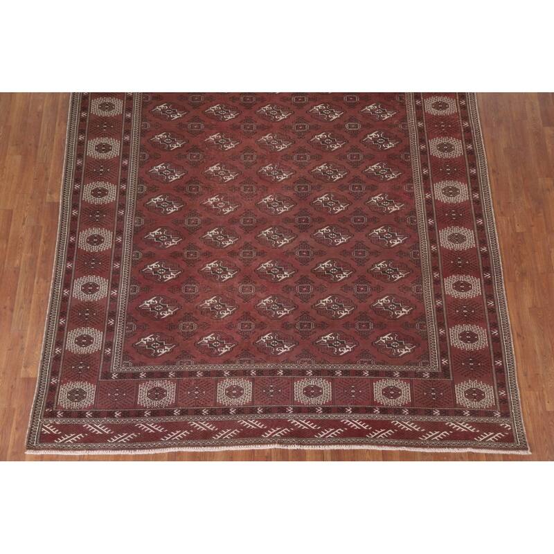 Hand Knotted Oriental 100% Wool Carpet Traditional All-Over Red Bokhara Area Rug - 12' 3'' X 8' 0''