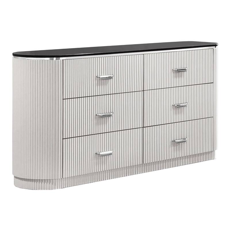 Alda 6 Drawer Wide Dresser, Light Gray Solid Wood with Cultured Stone Top