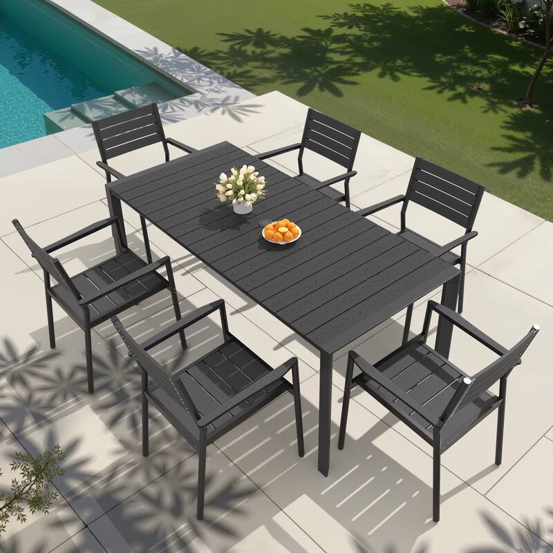 7/9/11-Piece Set Outdoor Aluminum Dining Table with Umbrella Hole and Stackable Dining Chairs - Black - Set of 7