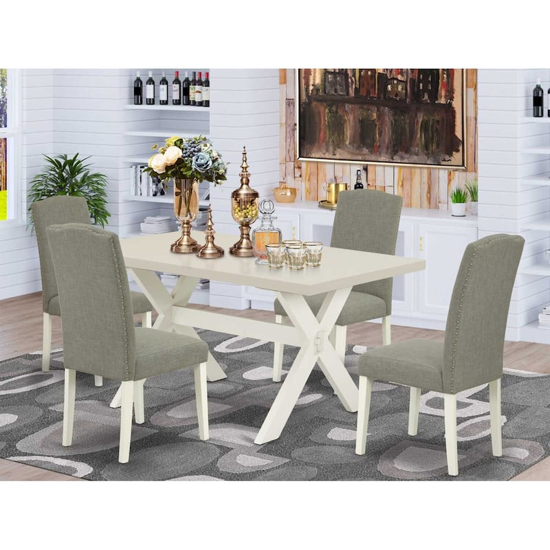 HomeStock 5-Piece Rectangle Natural Oak Finish Solid Wood Top Dining Table with 4 Upholstered-Chairs with Lattice Back