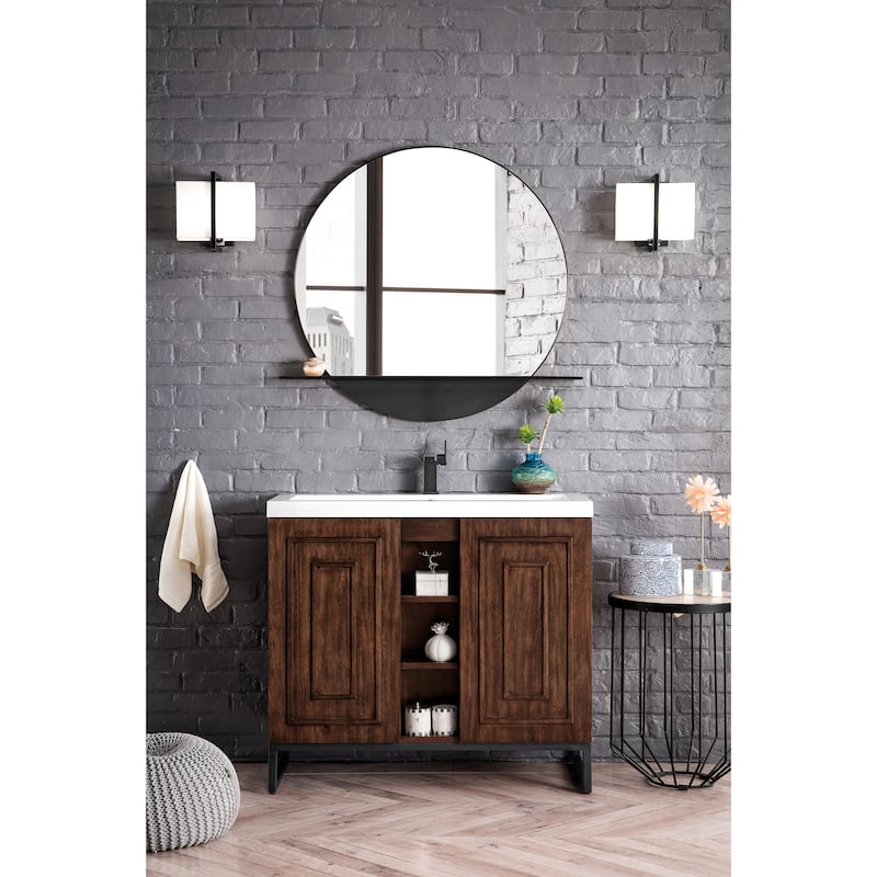 James Martin Vanities Alicante 39.5" Single Vanity Cabinet, Mid Century Acaia, w/ White Glossy Composite Stone Countertop