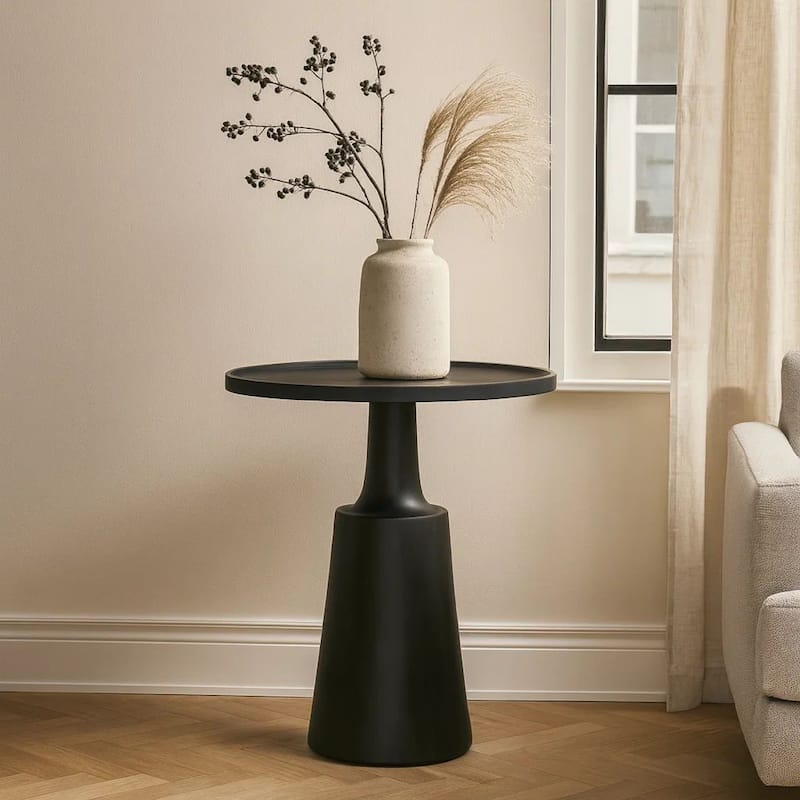Coch 24 Inch Artisan Accent Table with Round Tabletop Tapered Base Black