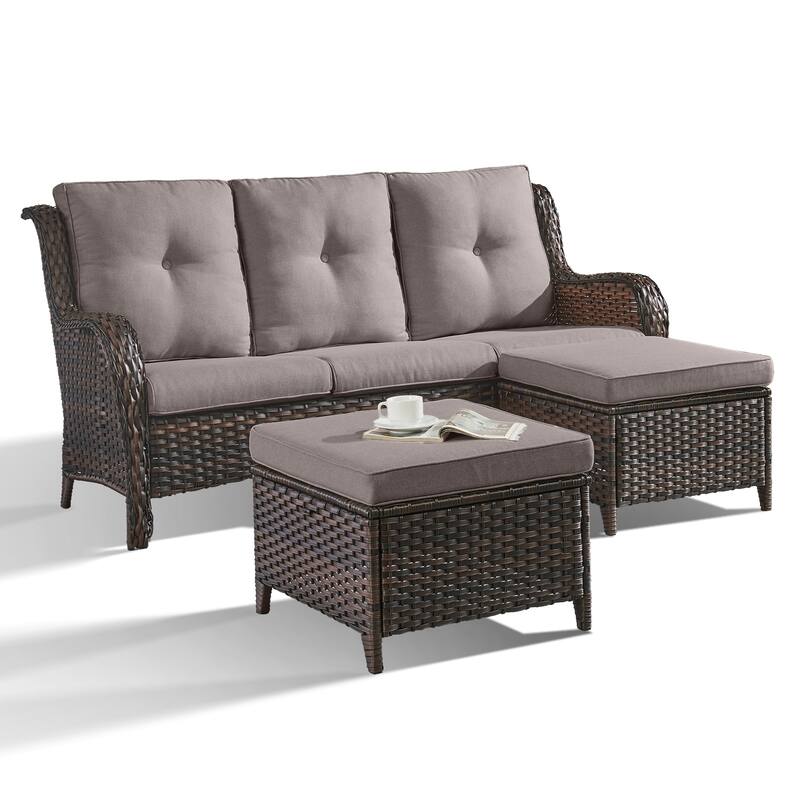 Outdoor 3-Piece Wicker Sofa Set with Ottoman