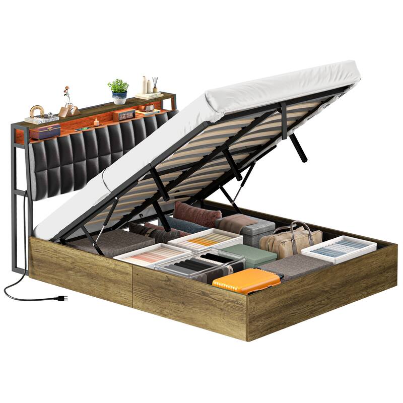 Moasis Lift-Up Storage Bed Frame with Charging Station & Storage Headboard