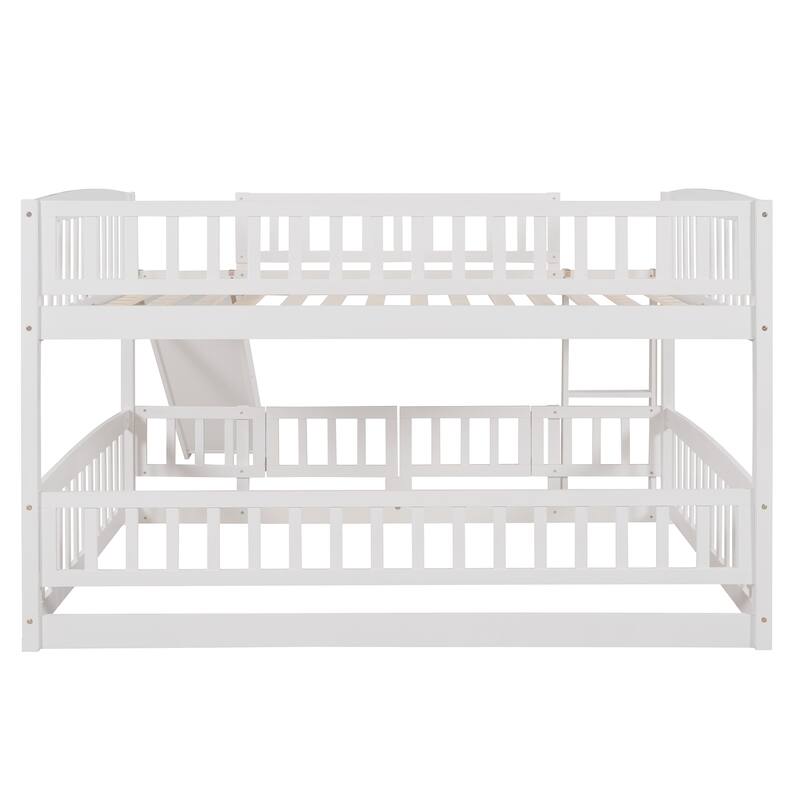 Full Over Full Bunk Bed with Slide, Ladder and Safety Fence for Kids and Teens - White