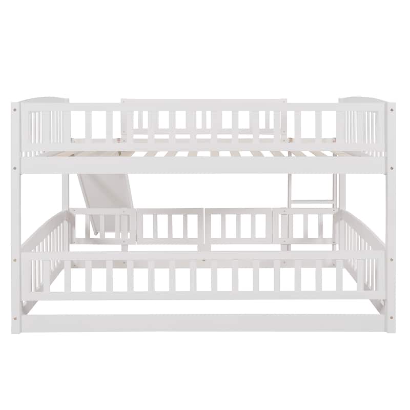 Solid Pinewood Floor Bunk Bed Frame with Slide and Ladder, Twin/Full Size Low Bunk Bed with Fence and Door for Kids Teens