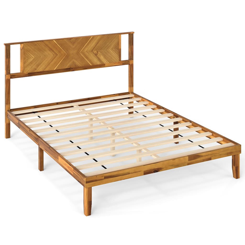 Rustic Golden Brown Wooden Platform Bed Frame with Artistic Headboard and Under-Bed Storage - Multi