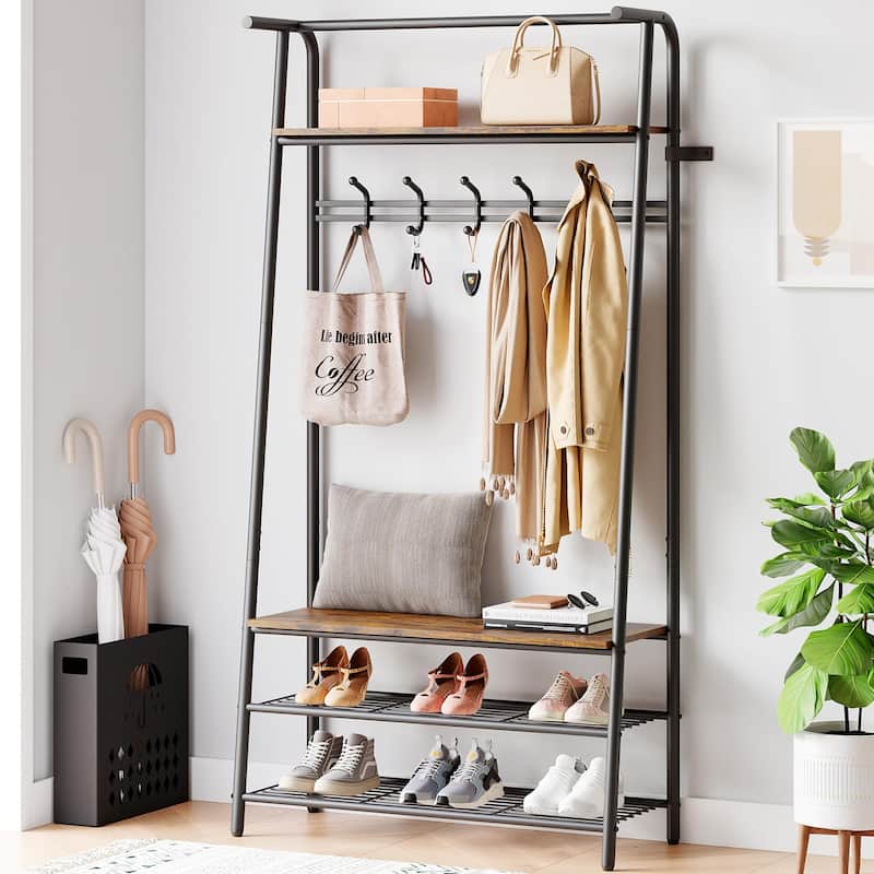 Rustic 4-in-1 Hall Tree Bench with Shoe Rack, Storage Shelf, and 5 C-Shaped Hooks in Brown & Black - 31.5*12.8*71.2in