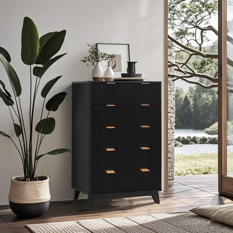 5 Drawer Fluted Dresser, 48" Tall Modern Wood Storage Chest - Black