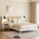 preview thumbnail 1 of 8, Queen Size Rattan and Wood Platform Bed Frame with 2 Nightstands and Lamps White