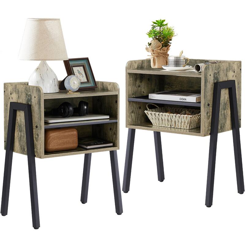 VECELO Gray Mid-Century Modern 3-Tier Stackable Nightstand Set of 1/2 Nightstands with Metal Frame for Bedroom Living Room