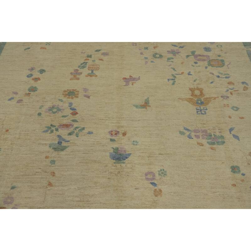Hand Knotted Oriental 100% Wool Carpet Traditional Floral Beige & Ivories Art Deco Area Rug - 6' 9'' X 7' 1''