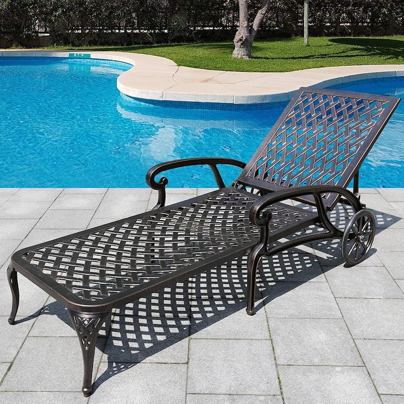 Aluminum Outdoor waterproof Chaise Lounge Chair With Wheels Adjustable Reclining - Bronze