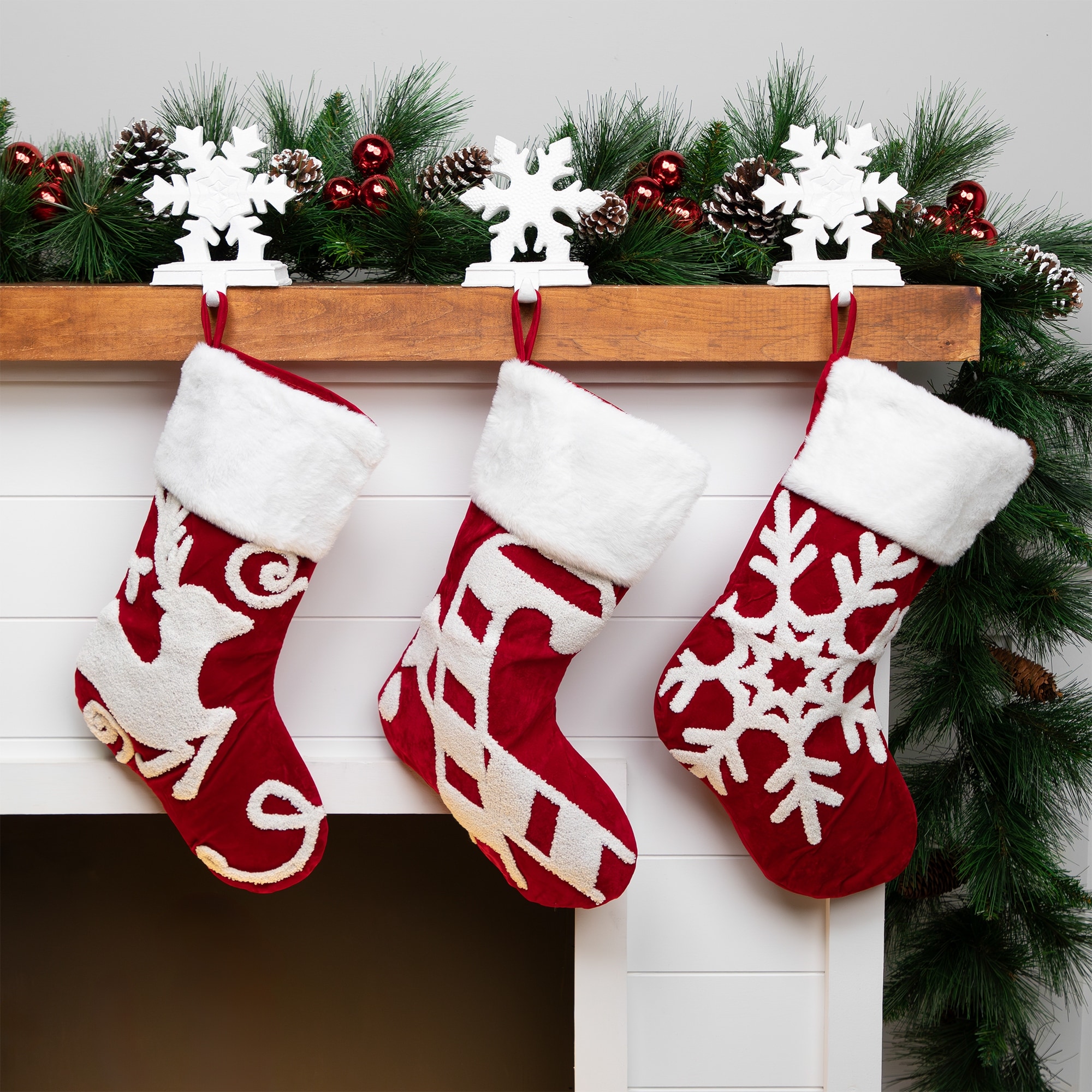 Reindeer and Snowflake Embroidered Christmas Stockings 20" Set of 3