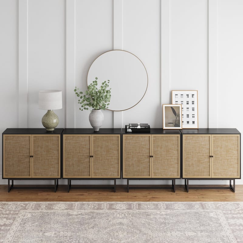 Nathan James Kova Natural Cane Rattan Doors Accent Cabinet with Metal Base and Adjustable Shelf