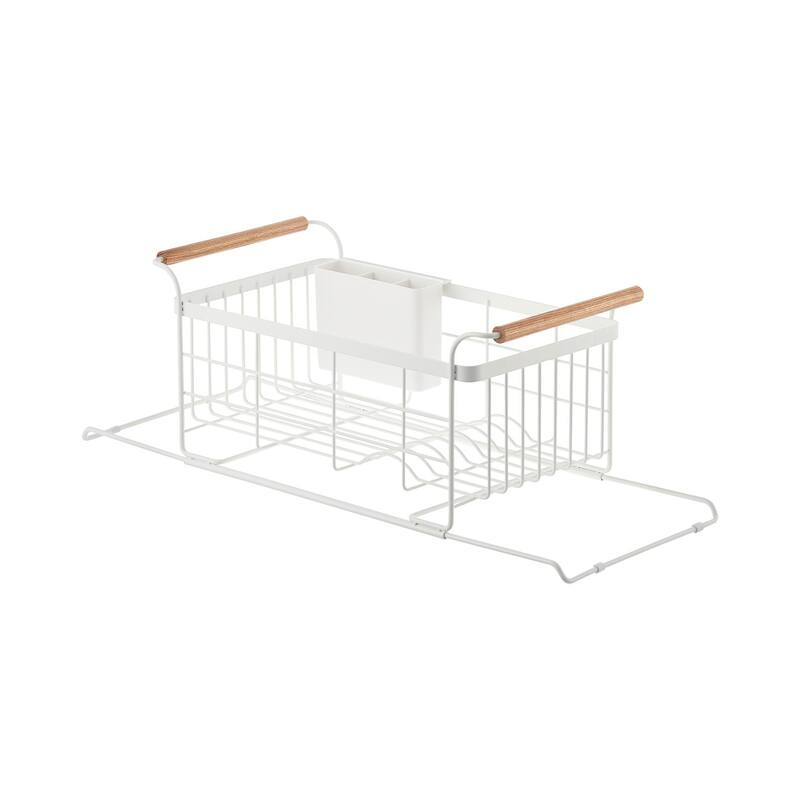 Yamazaki Home Over-the-Sink Dish Rack, Steel and Wood, Holds 11 lbs, Expandable - L 9.65 x W 18.31 x H 8.66 inches - White - L 9.65 x W 18.31 x H  8.66 inches