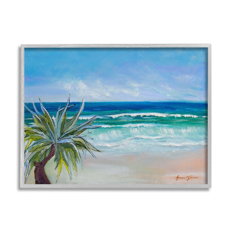 Stupell Incoming Waves Summer Beach Palm Tree Blue Painting Framed Wall Art - Orange - 20 x 16 - Grey