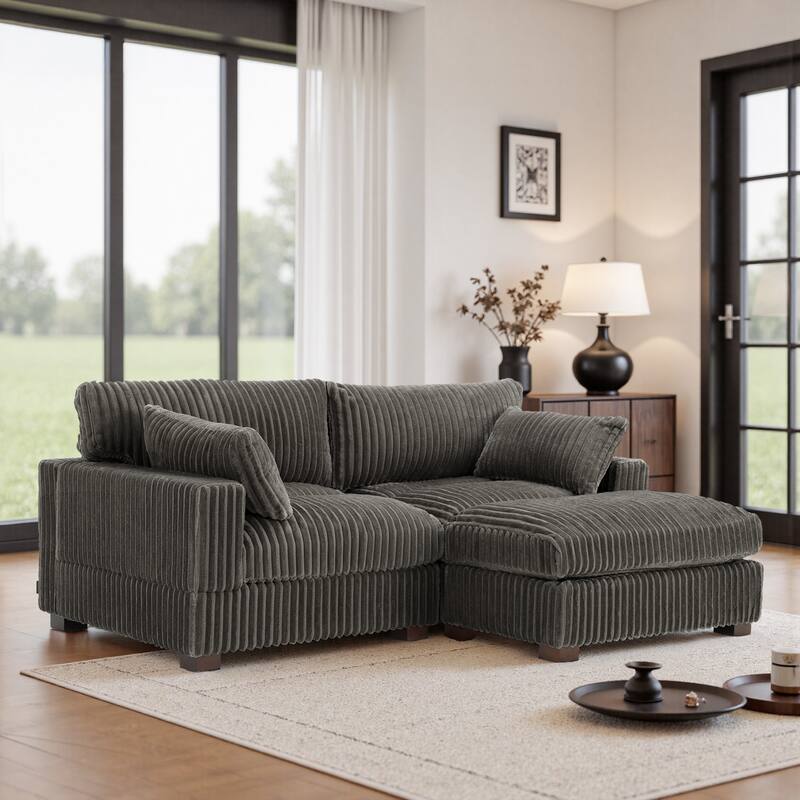 Upholstered Plush Flannel Modular Sectional Sofa with Pillows,Ajustable Headrest - Light Grey-3-Piece