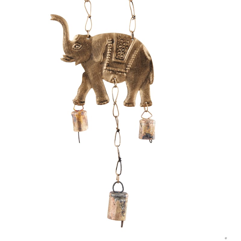 Metal Elephant Windchime with Bells - Brass - Roche River Decor