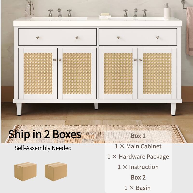 Christopher Knight Home - Bellmere 60" Modern Double Sink Bathroom Vanity with SMC Sink, Soft-Close Storage, and Solid Wood Legs