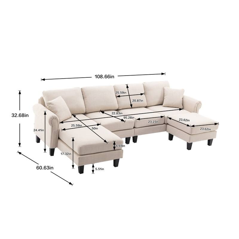 Ushape Sectional Sofa 4 Seater Polyester Sofa Lounge Chaise Couch with