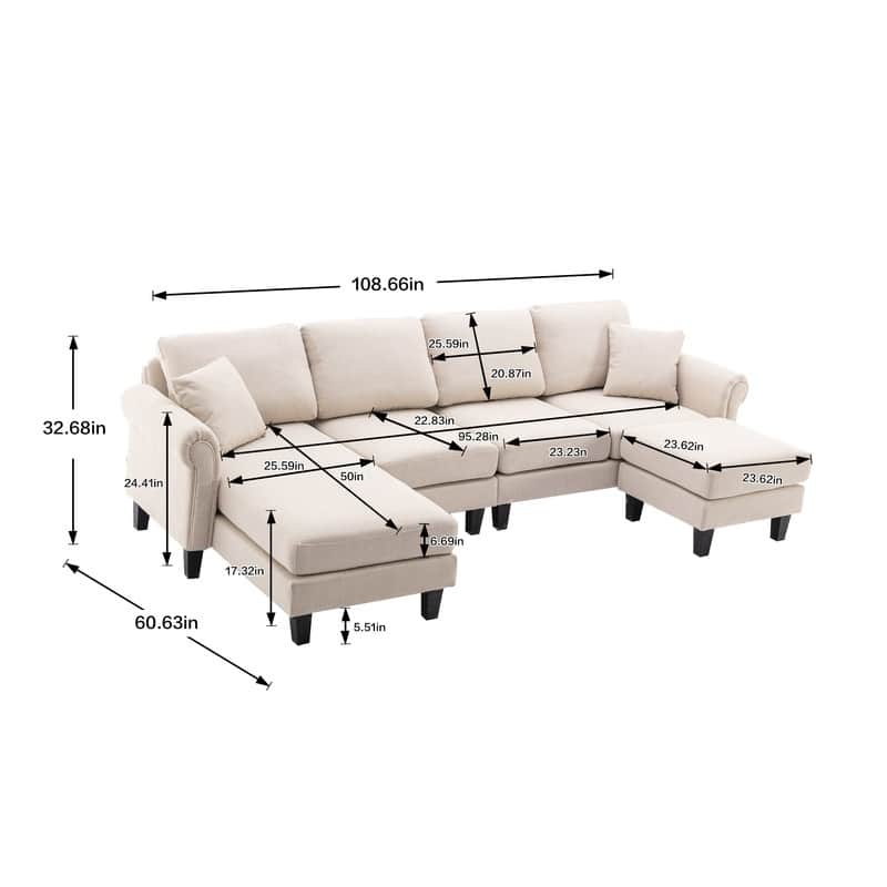 Ushape Sectional Sofa 4 Seater Polyester Sofa Lounge Chaise Couch with