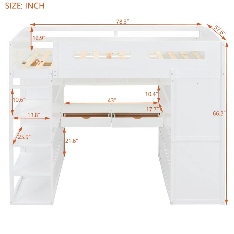 Modern Full Loft Bed with Built-in Desk, Storage Drawers, Shelves, and Open Closet for Optimal Organization