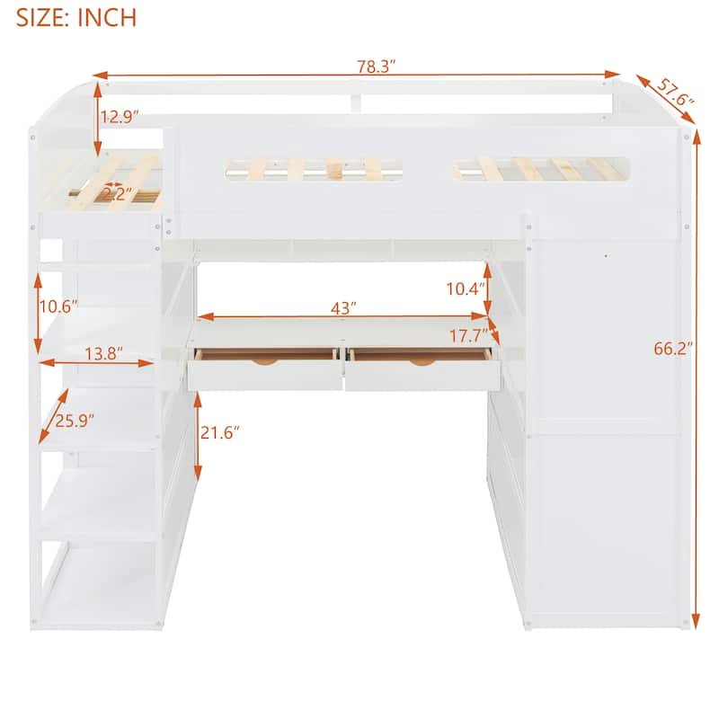Solid Wood Loft Bed with Desk, Wardrobes, 4 Drawers and 4 Shelves for Kids, Bedroom
