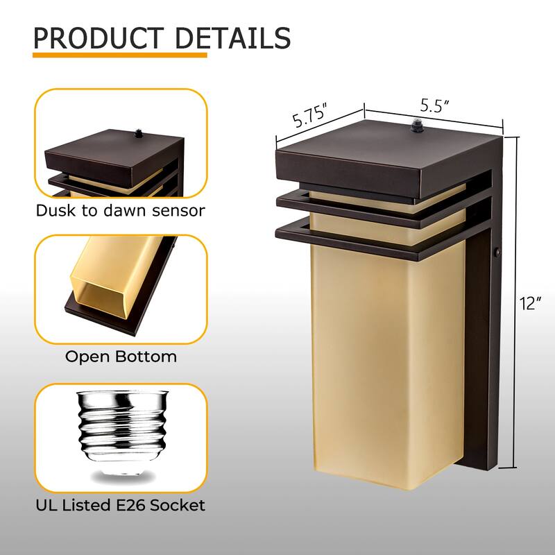 12" H Modern Bronze Outdoor Wall Sconce with Antique Amber Glass, E26 Base