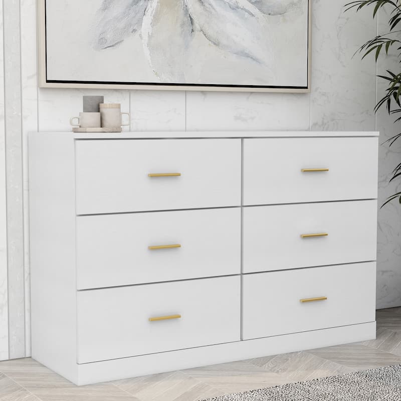 White 6-Drawer Dresser, Ample Storage Wide Chest of Drawers with Golden Handles