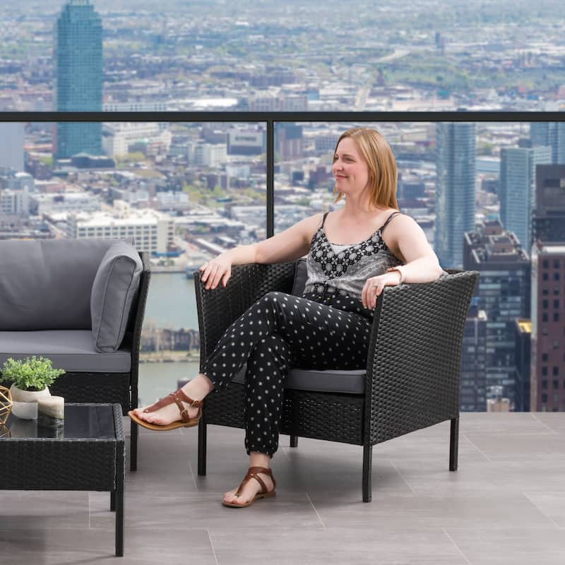 CorLiving Black Patio Armchair - Black Finish/Ash Grey Cushions