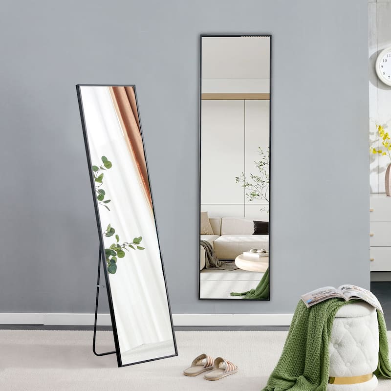 Roomfitters Wall-Mounted Full Body Mirror with Black Aluminum Frame, 63"x20" Floor Standing Vanity Mirror, Black