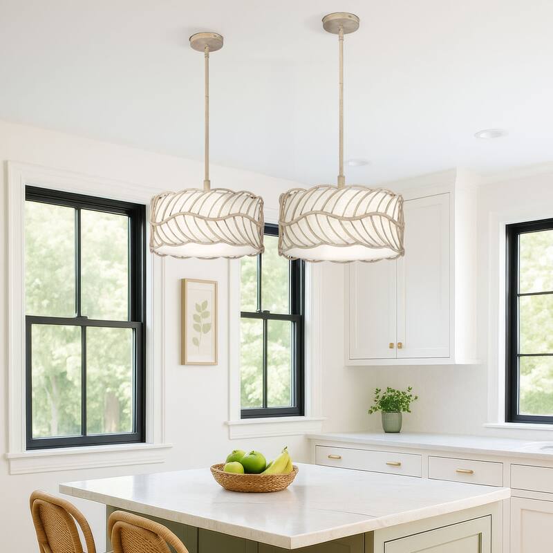 Simbolo 3 Light Pendant in Almond with Ivory Linen - Beige
