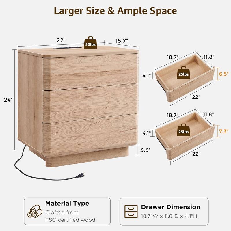 Modern Nightstand with Charging Station, Handleless Bedside Table