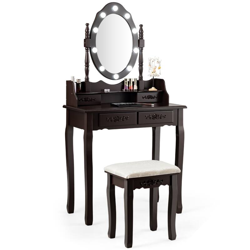 Gymax Makeup Vanity Dressing Table Set w/10 Dimmable Bulbs Cushioned - See Details