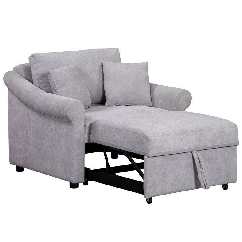 Chenille Convertible Sleeper Chair with Adjustable Backrest, 3 IN 1 Lounger Chair Turns Into Bed, Single Bed for Living Room