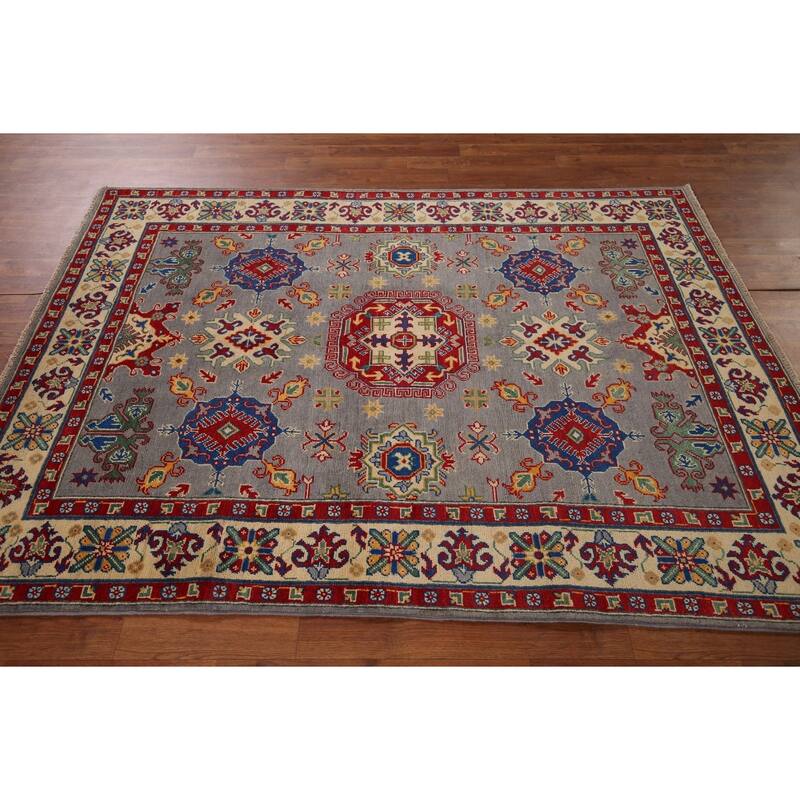 Grey Kazak Oriental Area Rug Handmade Traditional Wool Carpet - 4'10" x 6'9"