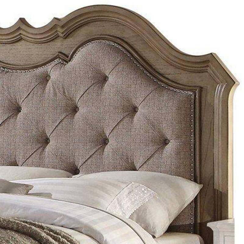 Button Tufted Fabric Eastern King Size Bed with Molded Details, Beige