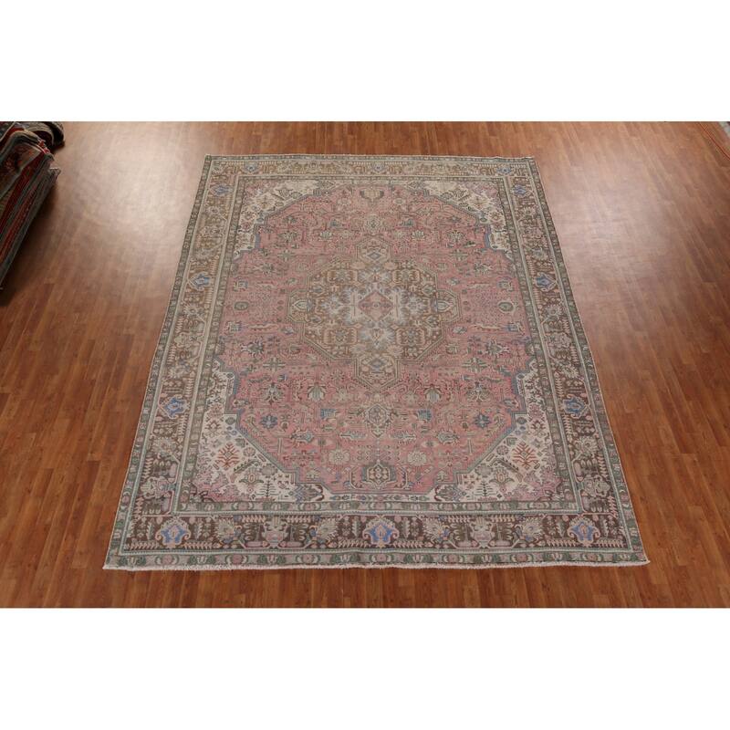 Distressed Pink Tabriz Persian Vintage Rug Handmade Wool Carpet - 9'8" x 12'8"