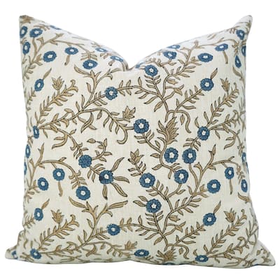 Fabdivine Handmade 16x16 Inch Flower Pillow Cover for Boho Bed or Sofa Square Blue Linen Fall Décor Cushioncase, Shehjan