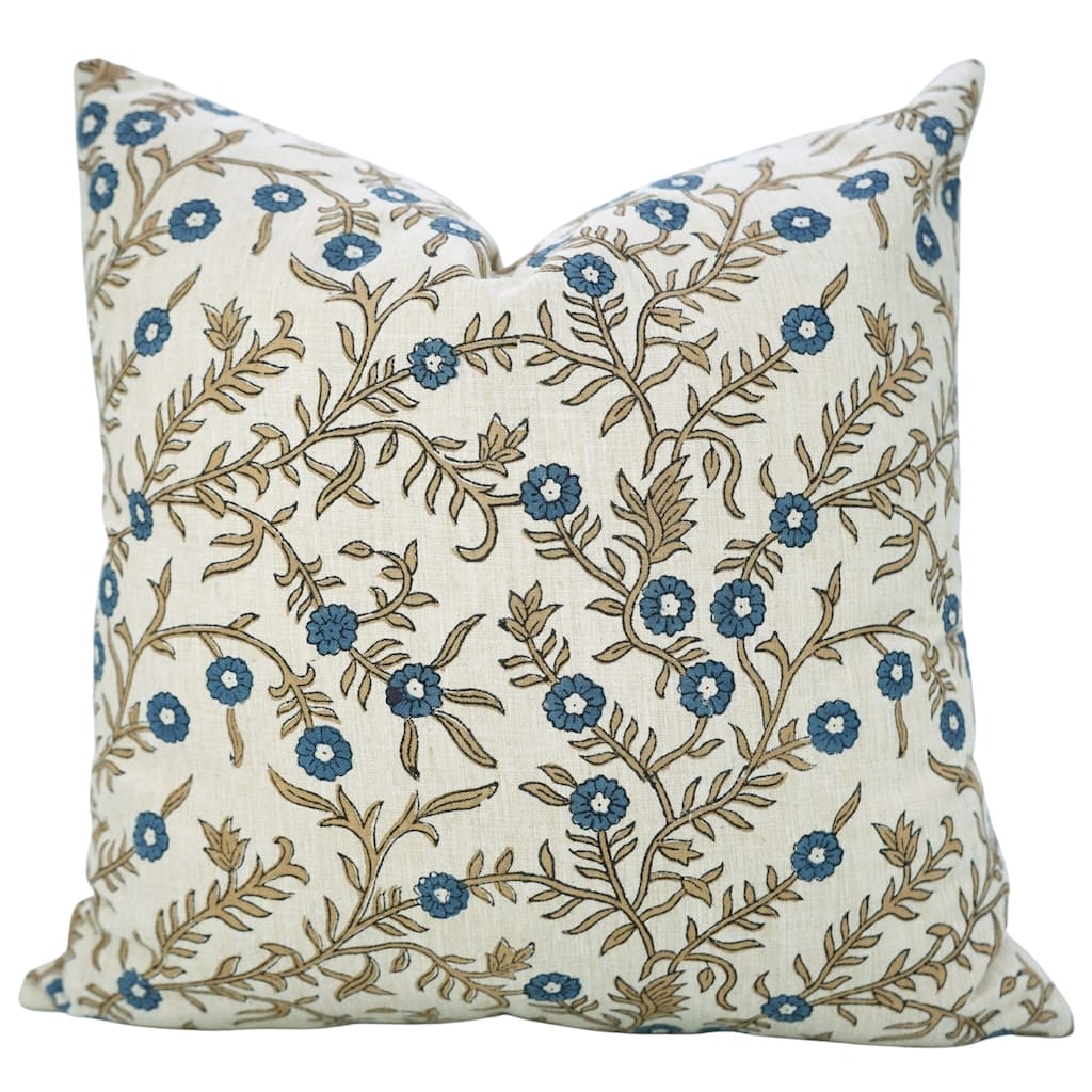 Fabdivine Handmade 18x18 Inch Flower Pillow Cover for Boho Bed or Sofa Square Blue Linen Fall Décor Cushioncase, Shehjan