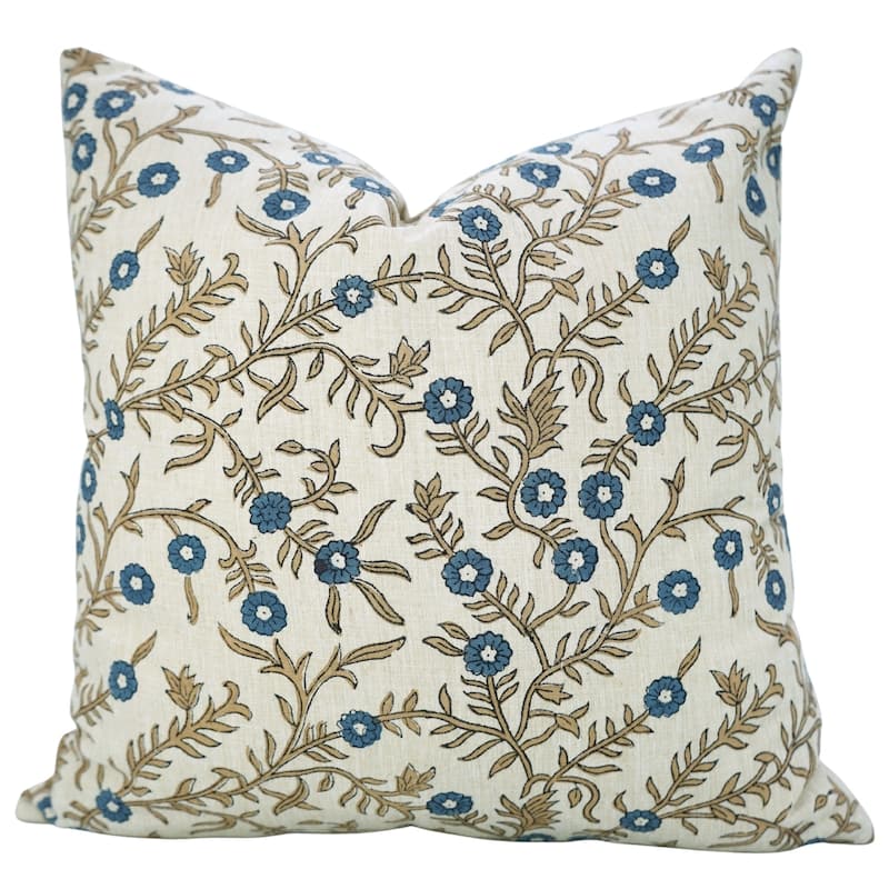 Fabdivine Handmade 26x26 Inch Flower Pillow Cover for Boho Bed or Sofa Square Blue Linen Fall Décor Cushioncase, Shehjan