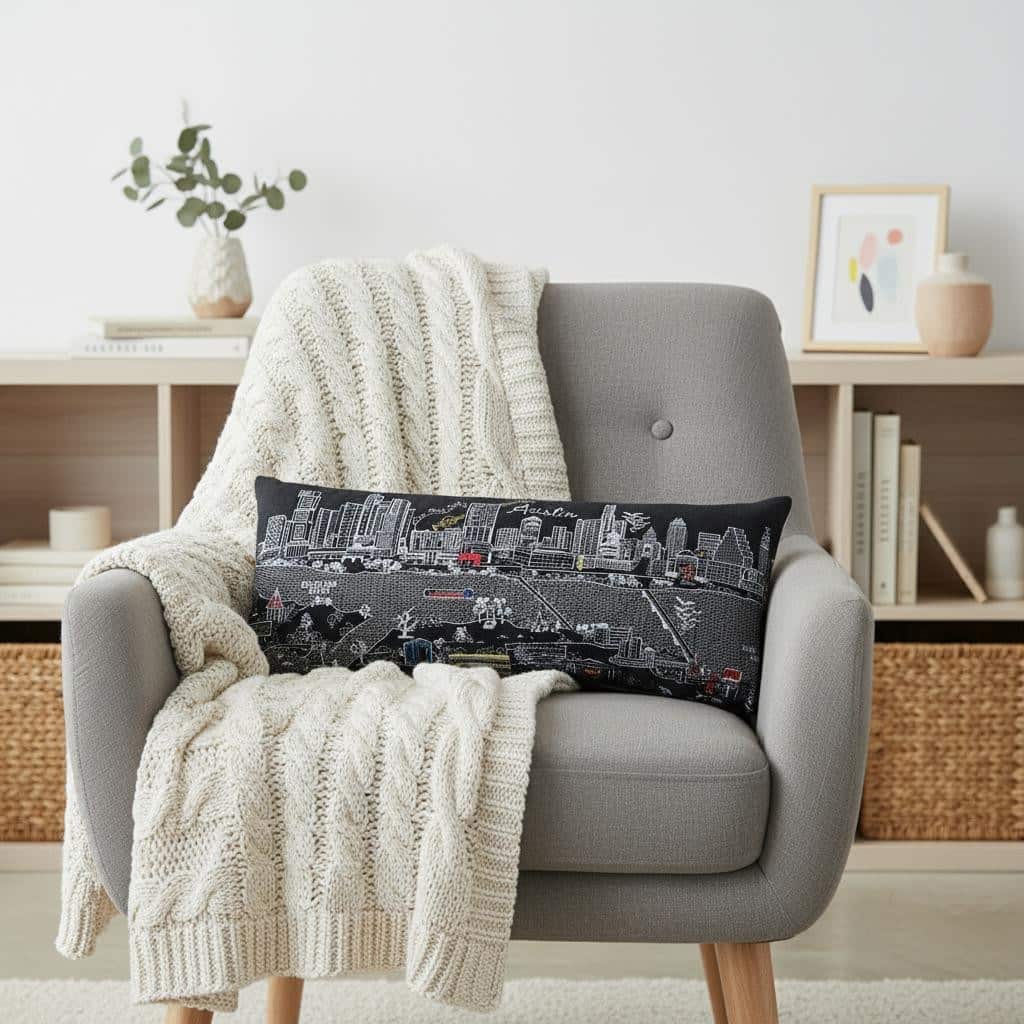 HomeRoots 14" X 35" Dark Gray And White Austin Nighttime Skyline Lumbar Decorative Pillow