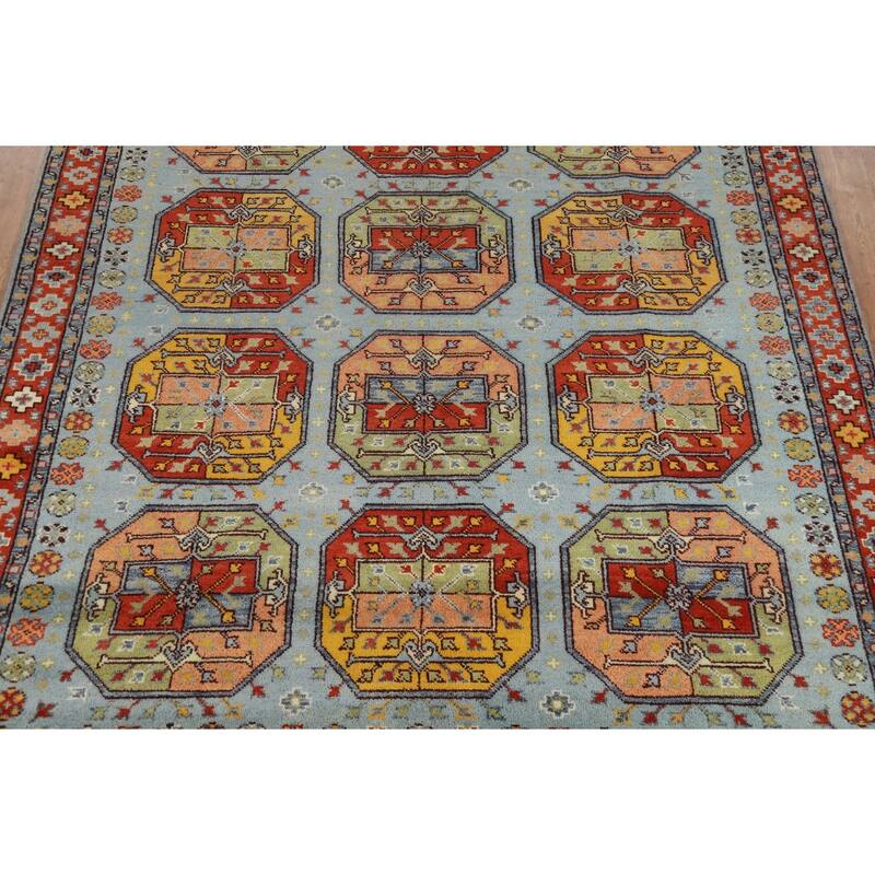 Geometric Blue Khotan Indian Area Rug Handmade Wool Carpet - 7'11"x 9'10"